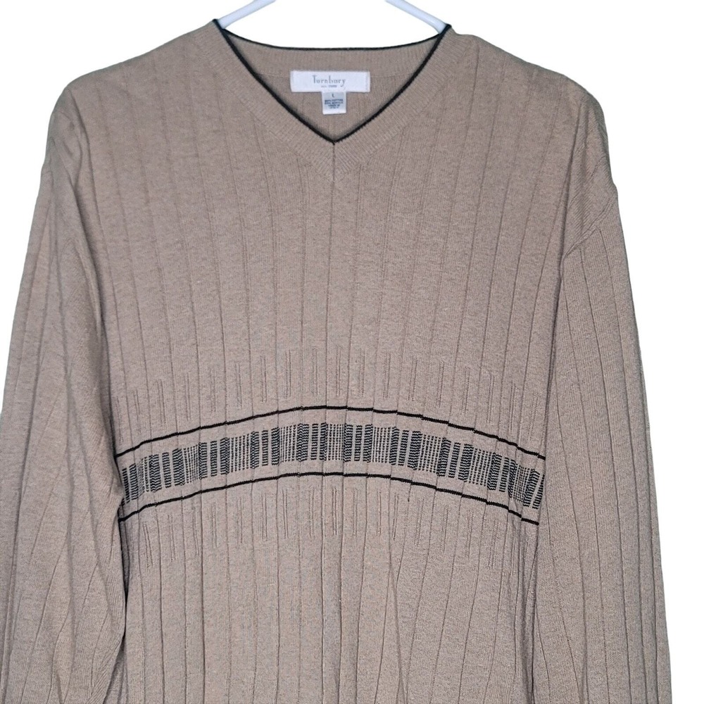 Turnbury V-Neck Sweater Tan Black Pullover Cotton Blend‎ Italy Classic Preppy L